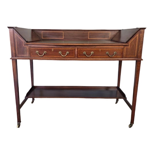 Antique Edwardian Inlaid Maghogany Desk with Leather Top For Sale