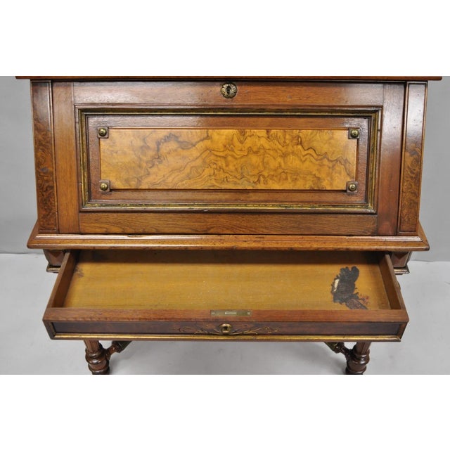 Antique Victorian Burl Walnut Slant Front Secretary Writing Desk With Mirror For Sale - Image 9 of 18