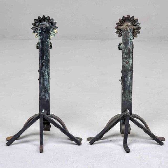 Pair Early 20th Century Sunflower Andirons & Poker For Sale - Image 4 of 11
