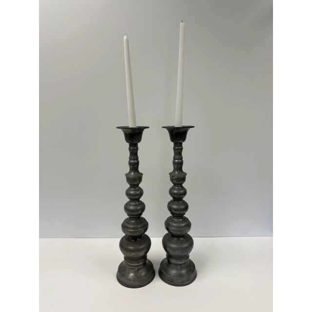 Rustic Pair of Vintage Metal Candlesticks For Sale - Image 3 of 11