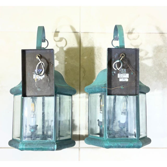 Pair of Solid Brass Outdoor Wall Lantern Sconces – Vintage Aged Verdigris For Sale - Image 13 of 15