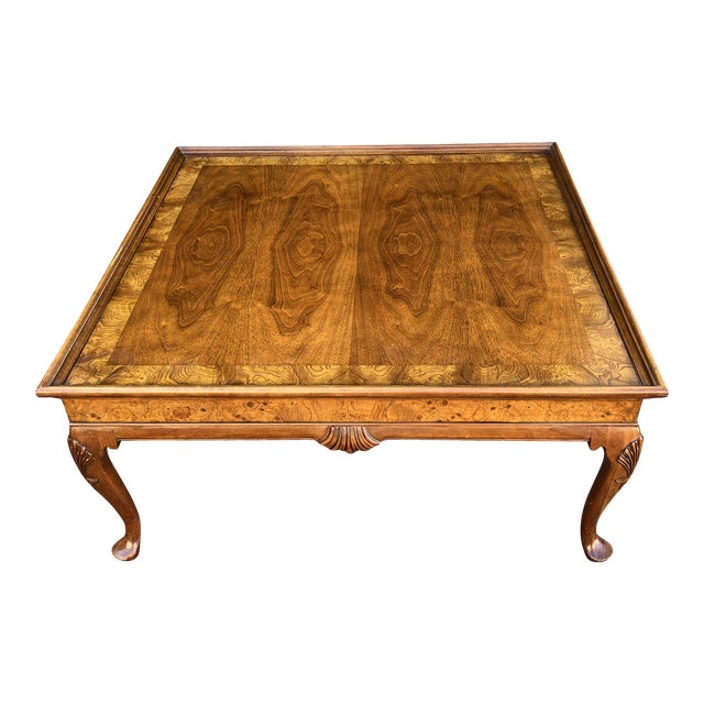 Late 20th Century Baker Burl Wood Shell Carved Queen Anne Coffee Table