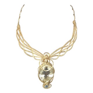 Late 20th Century 77ct Lemon Quartz Necklace With Blue Topaz Accent and Complementary Earrings, 3 Pieces For Sale