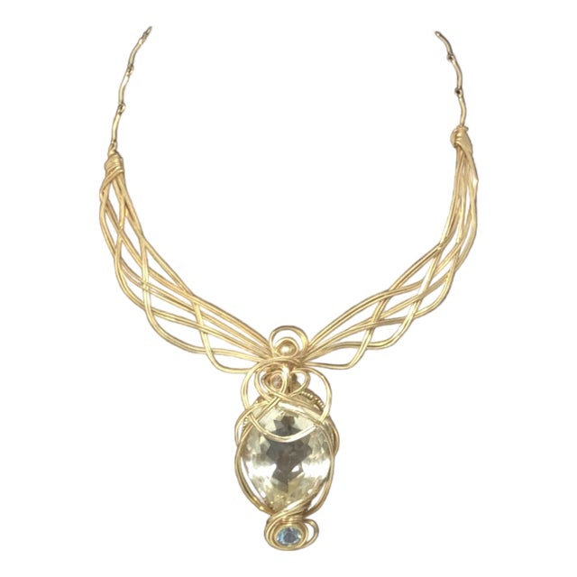 Late 20th Century 77ct Lemon Quartz Necklace With Blue Topaz Accent and Complementary Earrings, 3 Pieces For Sale