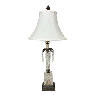 Vintage Hollywood Regency Diamond Pattern Columnar and Block Base pressedGlass Lamp For Sale