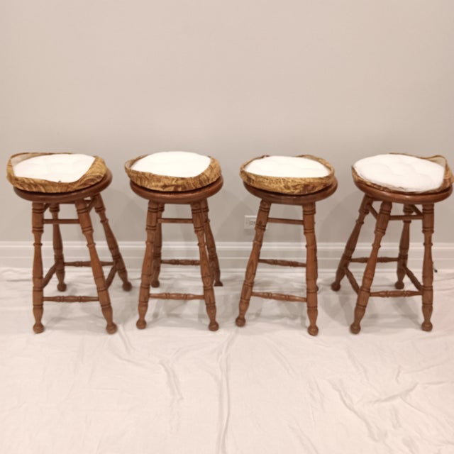 Vintage Rustic Farmhouse Solid Oak Tell City Backless Barstool With Paisley Print Seat Cushion For Sale - Image 12 of 17
