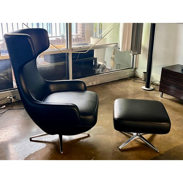 2010s Cantoni Leather Recliner Lounge Chair and Ottoman Set in Genuine Top-Grain Leather With Stainless Steel Swivel Base For Sale - Image 5 of 12