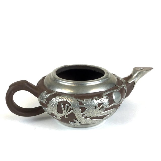 Vintage Chinese Yixing Zisha Teapot Set with Silver Tone