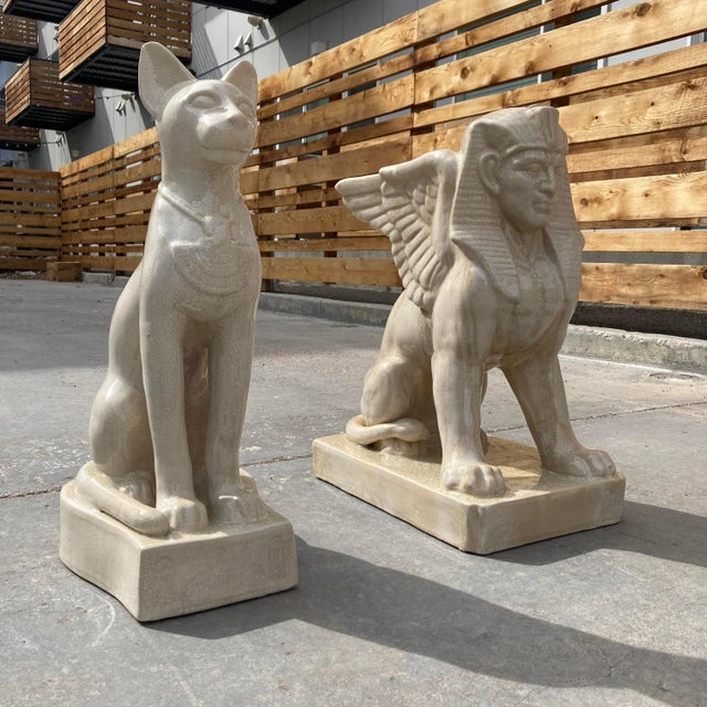 1980s 1980s Egyptian Sphinx & Cat Statue in Crackle Glazed Porcelain - a Set For Sale - Image 5 of 13