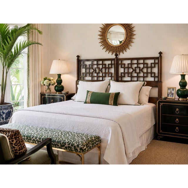 Elegant and timeless, this 1970s Baker Hollywood Regency style king-size headboard features an architectural open fretwork...