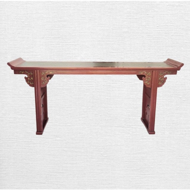 Chinoiserie Vintage Chinoiserie Regency Style Red Lacquer Altar Console Table With Gold Leaf Cutput Accents For Sale - Image 3 of 11