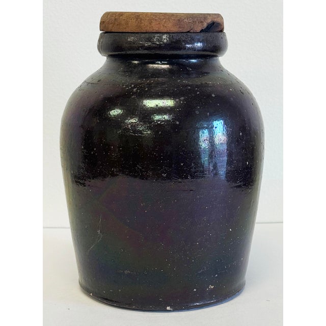 Late 19th Century antique salt glazed stoneware crock with wooden lid. No maker markings. Condition indicates handmade...