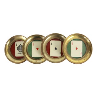 Antique Poker Dassi Playing Cards Coasters in Brass and Glass from Modiano, Italy, 1950s, Set of 4 For Sale