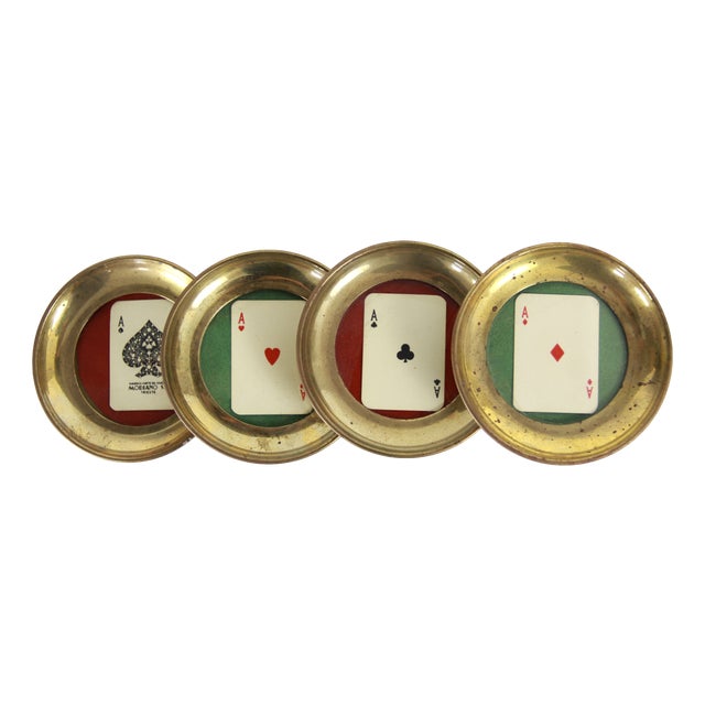 Antique Poker Dassi Playing Cards Coasters in Brass and Glass from Modiano, Italy, 1950s, Set of 4 For Sale