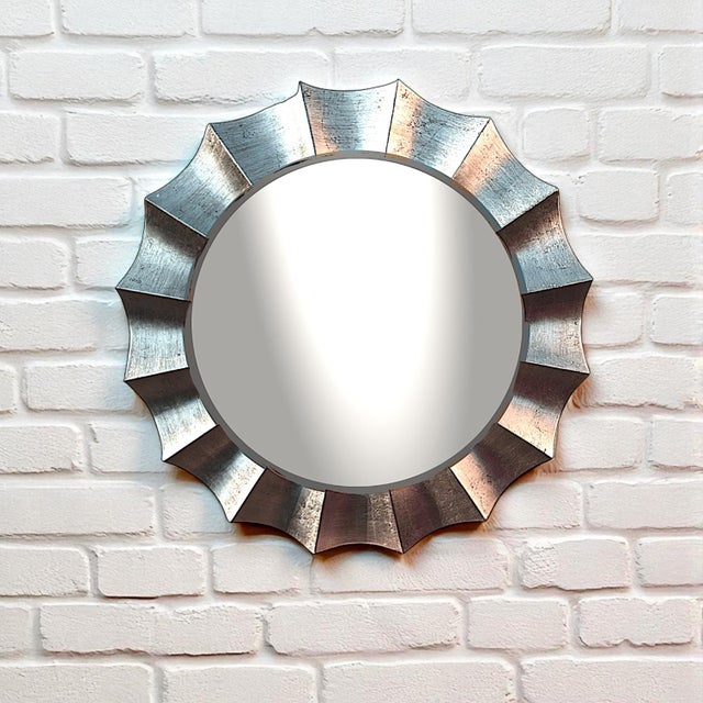 Contemporary Large Contemporary Scalloped Silvertoned Round Wall Mirror For Sale - Image 3 of 14