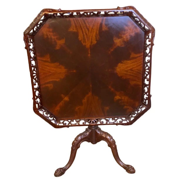 Wood 1930s Vintage Chippendale Flame Mahogany Tilt Top Table For Sale - Image 7 of 9