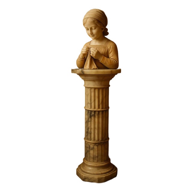19th Century Italian Alabaster Bust of “The Sewing Girl” on Marble Pedestal, Neoclassical Sculpture For Sale