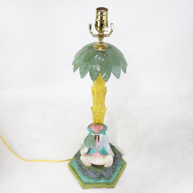 Vintage Hand-Painted Chinoiserie Tole Palm Tree and Figurine Table Lamps - a Pair For Sale - Image 4 of 13