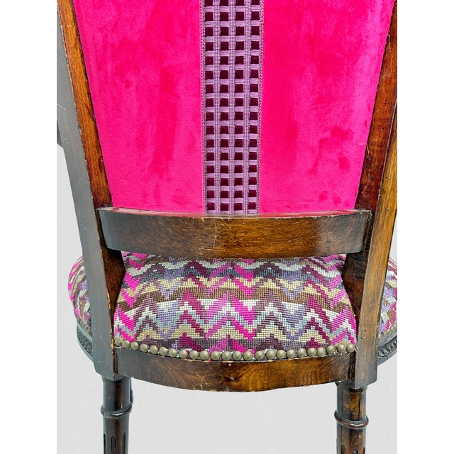 French Mahogany Square Back Chair Pair Pink Velvet Magenta Purple Petit Point For Sale - Image 10 of 17