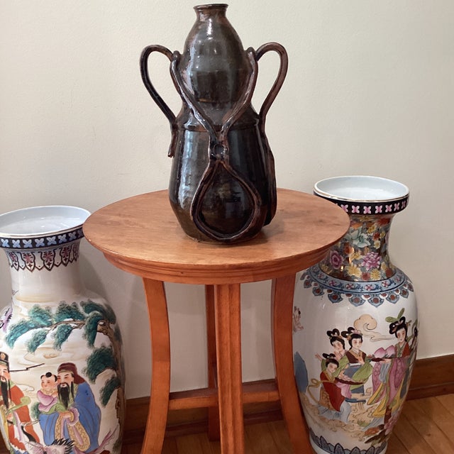 Vintage Art Nouveau Curved Shape Earthenware Double Handle Vase With Makes Mark For Sale - Image 11 of 12