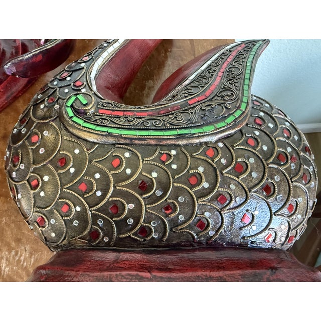 Three Large Asian Wood Carved Duck Statues With Mirror Inlay For Sale - Image 13 of 17