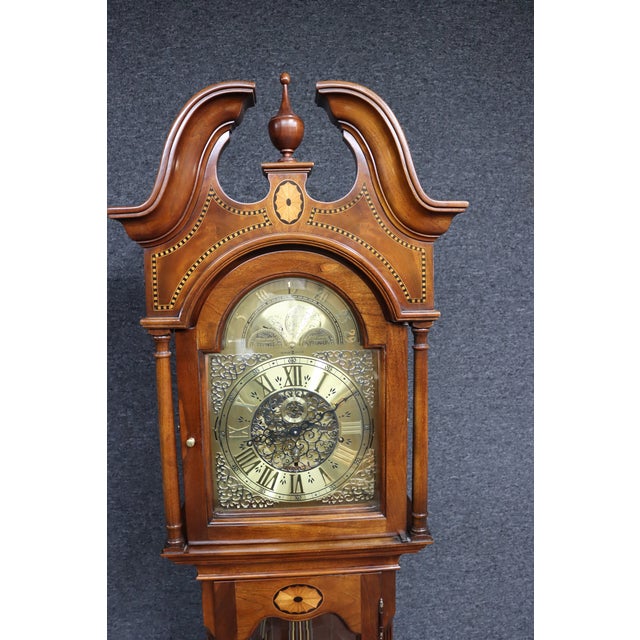 Howard Miller Howard Miller “Taylor” Mahogany Grandfather Clock With Brass Dial & Triple Weights For Sale - Image 4 of 14