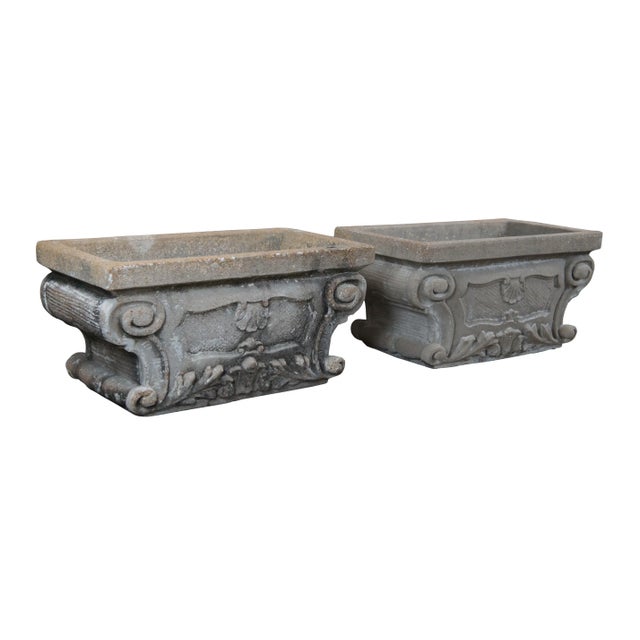 Baroque Vintage French Baroque Ornamental Concrete Stone Garden Flower Planters - Set of 2 For Sale - Image 3 of 12
