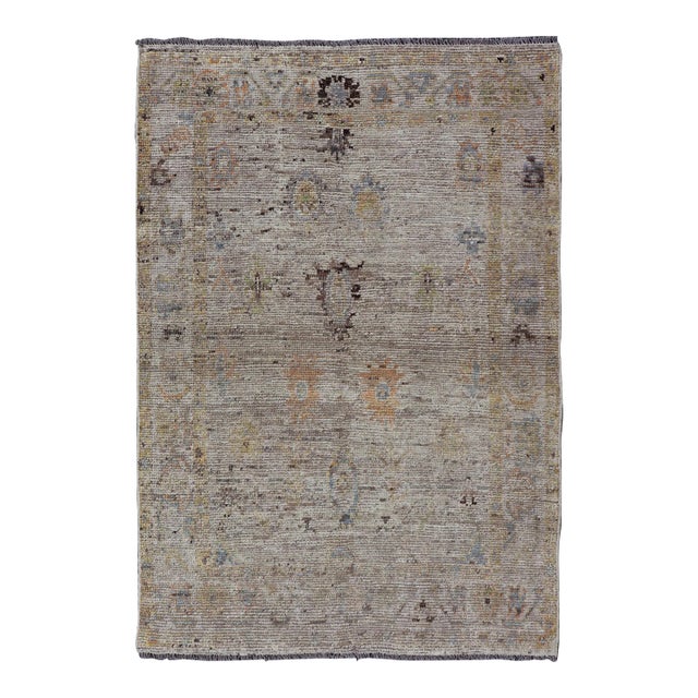 Modern Distressed Oushak With All-Over Floral Design on Cream Field and Border 3'9 X 5'8 For Sale