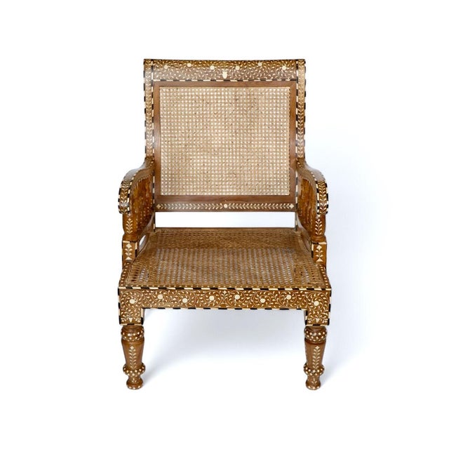 Teak Wood Armchair With Floral Inlay and Cane Weave For Sale - Image 4 of 7