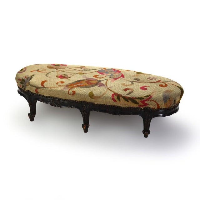 French Antique Louis XIV Style Carved Walnut Tapestry Long Footstool C1890 For Sale - Image 3 of 15