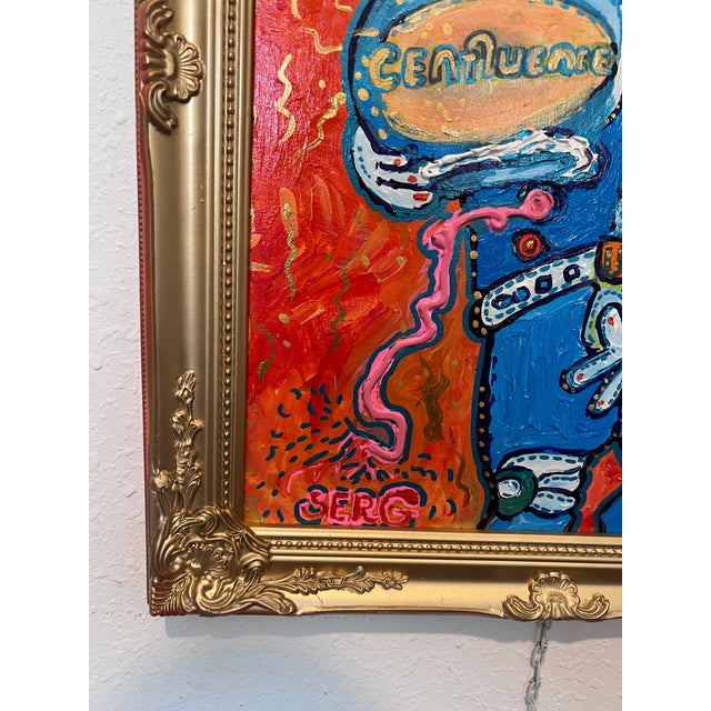 Vibrant and witty original acrylic on canvas by contemporary Florida artist Serg Graff, titled “Alien Inside the Suit”...