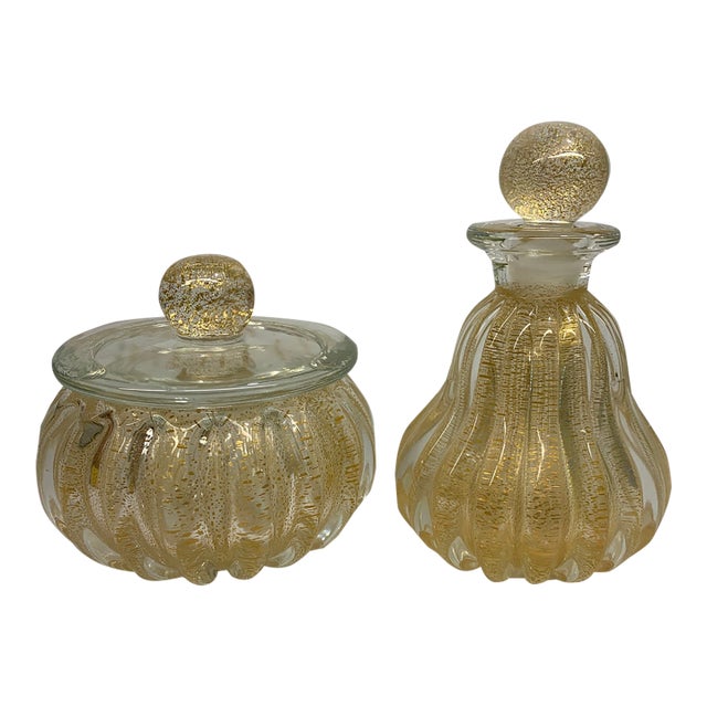 1950s Mid-Century Modern Barovier & Toso Murano Glass Gold Dust Vanity Set - 2 Pieces For Sale