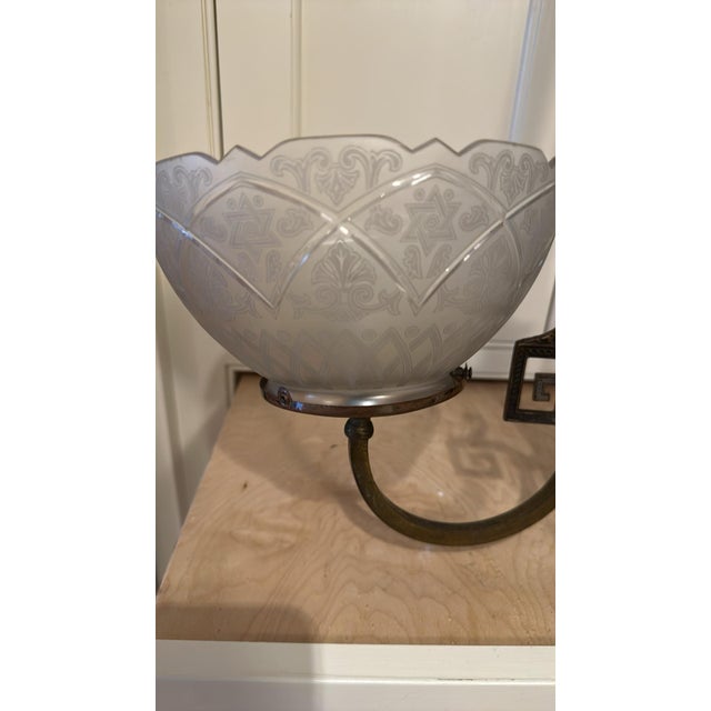 Vintage Two Arm Brass Fixture With Vintage Etched Glass Gas Shades For Sale - Image 4 of 12