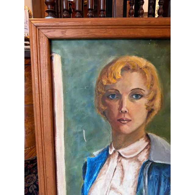 This mid-century modern oil painting features a stylized portrait of a female artist, signed "ZIMM 55" in the bottom right...