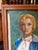 This mid-century modern oil painting features a stylized portrait of a female artist, signed "ZIMM 55" in the bottom right...