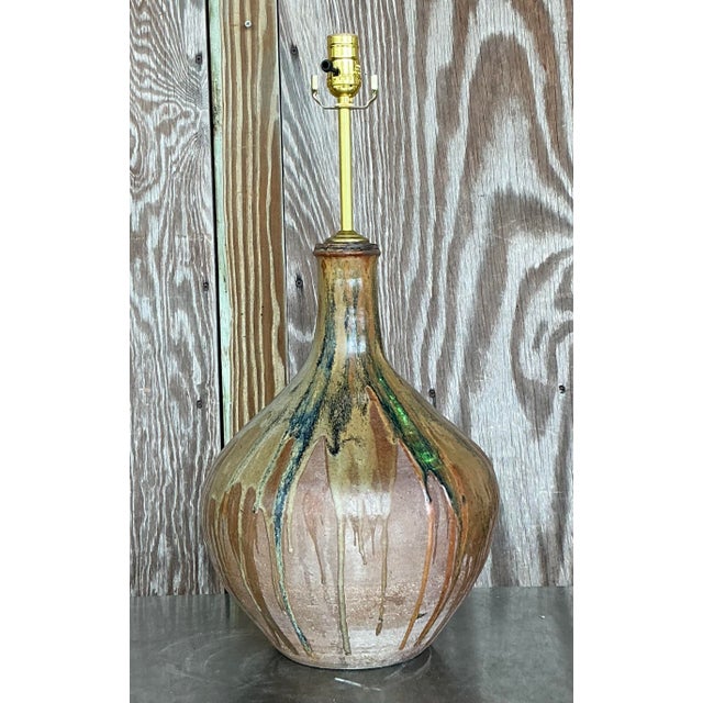 Vintage Boho Drip Glaze Studio Pottery Lamp For Sale - Image 4 of 6