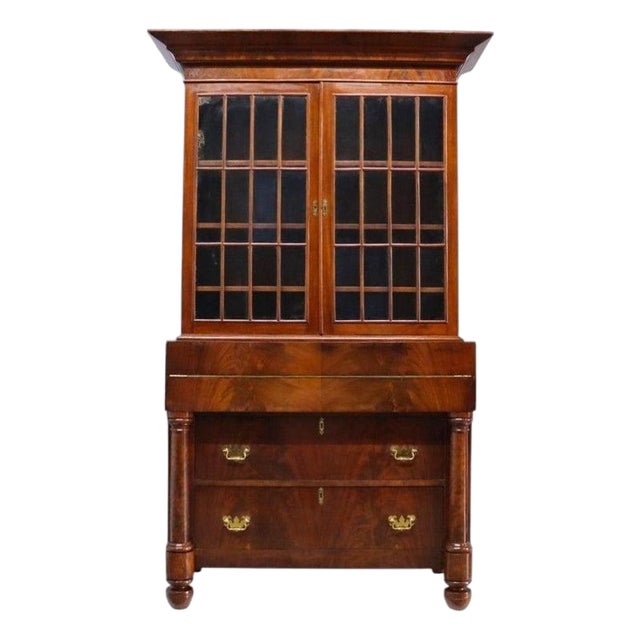 Antique Quervelle American Empire Flame Mahogany Secretary Desk C1840 For Sale