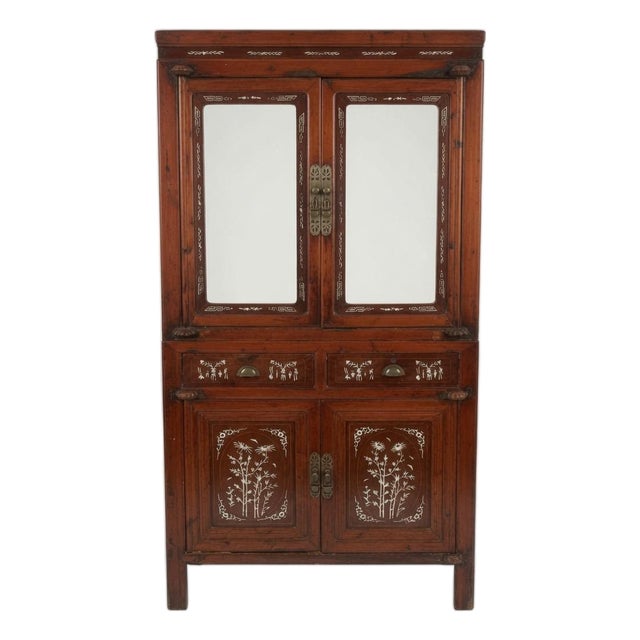 Vintage Chinese Cabinet With White Floral Inlay & Mirrored Doors – Statement Piece For Sale