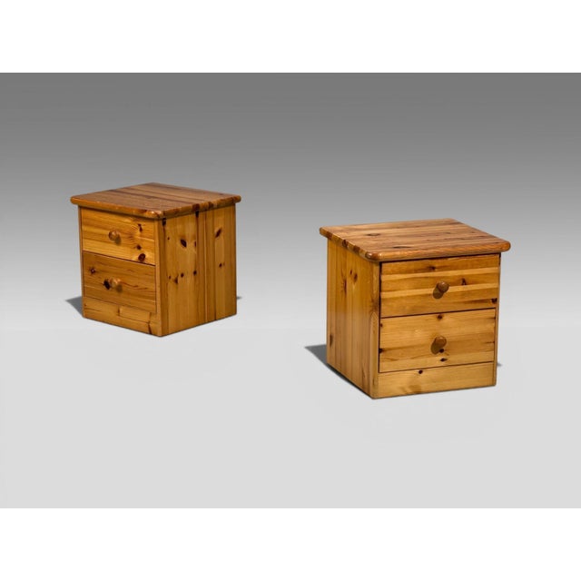 Swedish Mid-Century Modern, Nightstands or Bedside Cabinets, Pine, Sweden, 1970s Pair of two drawer solid pine nightstands...