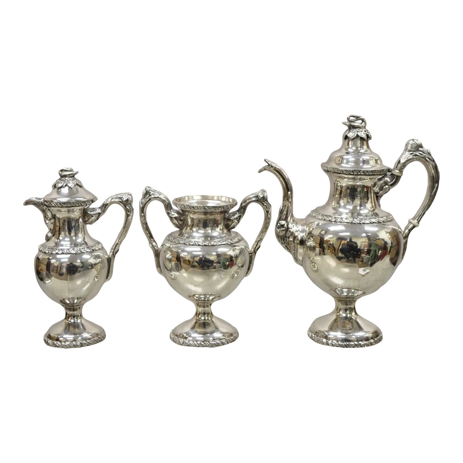 Antique English Regency Swan Finial Silver Plated Tea Pot Set - 3 ...