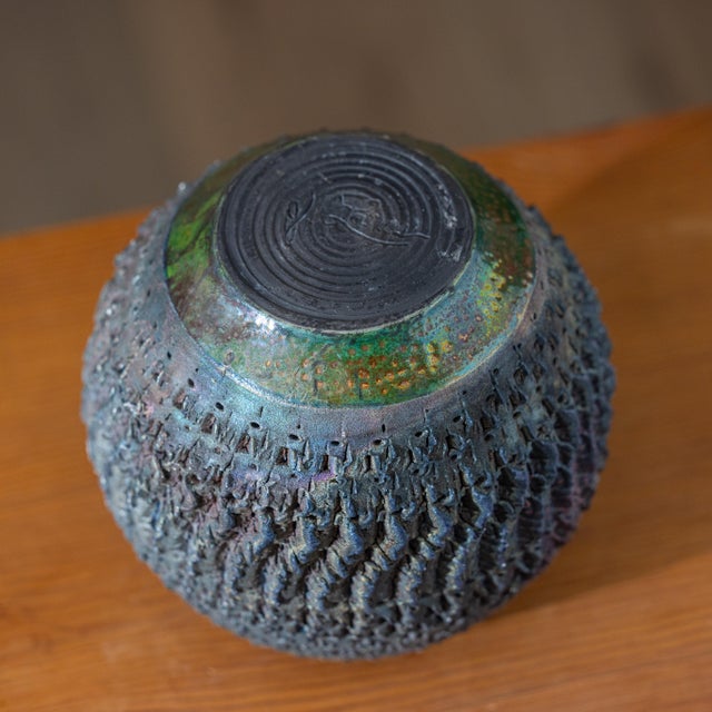 Ceramic Signed J. Lares Raku Studio Pottery Vessel With Carved Textural Surface For Sale - Image 7 of 10