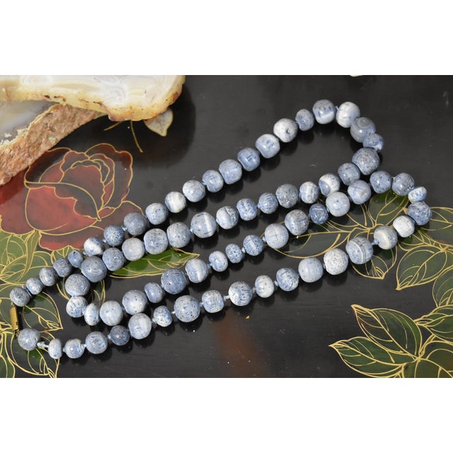 Blue Vintage Natural Denim Blue Sponge Coral Hand Knotted Bead Necklace 32" Long For Sale - Image 8 of 15