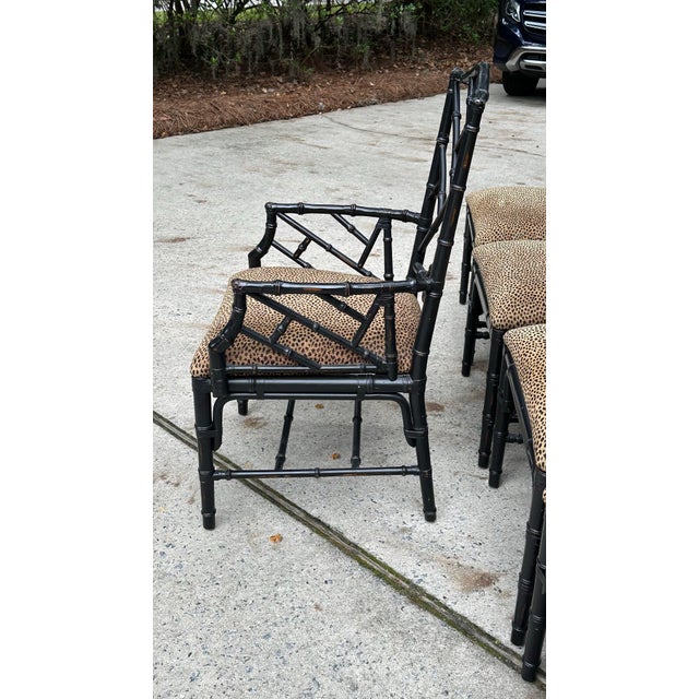 2010s Faux Bamboo Chinese Chippendale Style Dining Chairs – Set of 6 Including 2 Armchairs, 4 Side Chairs, Leopard Upholstery For Sale - Image 5 of 12