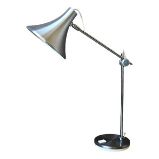 Industrial Architect Desk Lamp with Adjustable Trumpet Arm in Brushed Silver Metal, 1960s For Sale