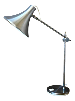Industrial Architect Desk Lamp with Adjustable Trumpet Arm in Brushed Silver Metal, 1960s
