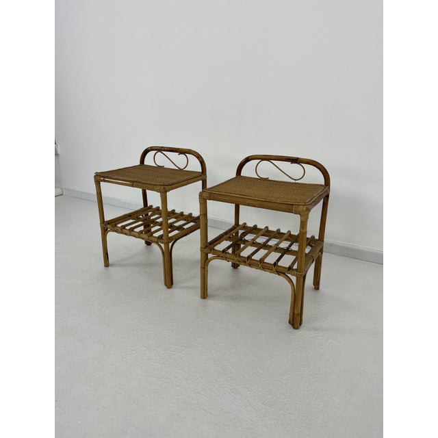 Set of Italian Rattan and Bamboo Bedside Tables, 1960s For Sale - Image 5 of 9