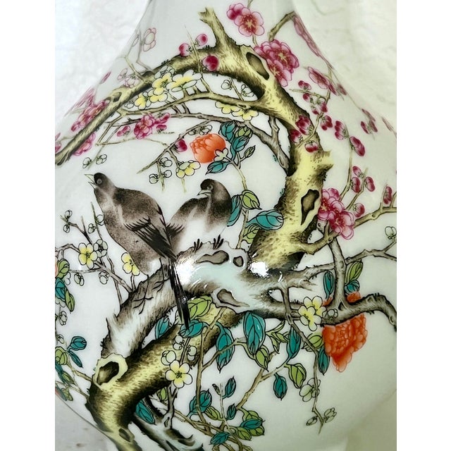 White Famille Rose Chinese Fine White Porcelain Garlic Head Vases With Birds & Cherry Blossoms, a Pair For Sale - Image 8 of 14