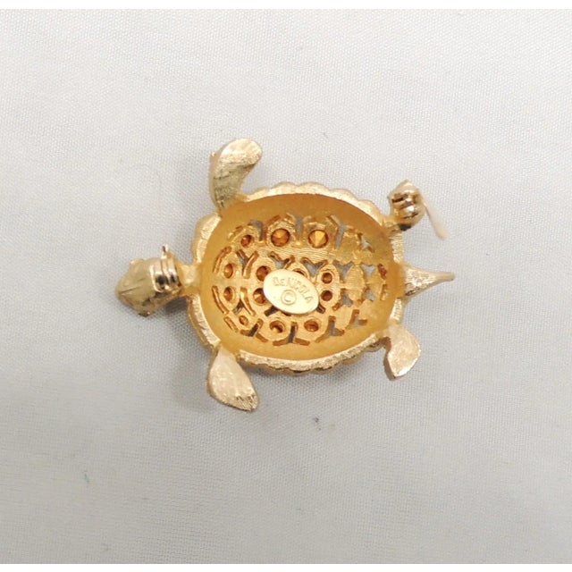 Mid-Century Modern Vintage 1960s Signed DeNicola Goldtone Faux-Topaz Turtle Brooch For Sale - Image 3 of 6
