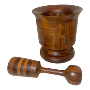 Share Huge Rare Antique Hand Made Turned Carved Wood Marquetry Mortar and Pestle Large