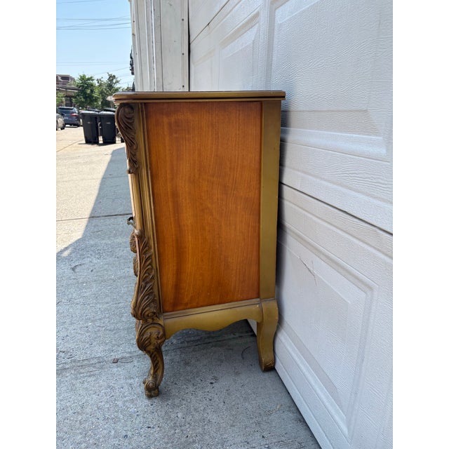 Vintage French Provincial Revival Parquetry Bedside Cabinet Nightstand Chest With Carved Details For Sale - Image 4 of 12